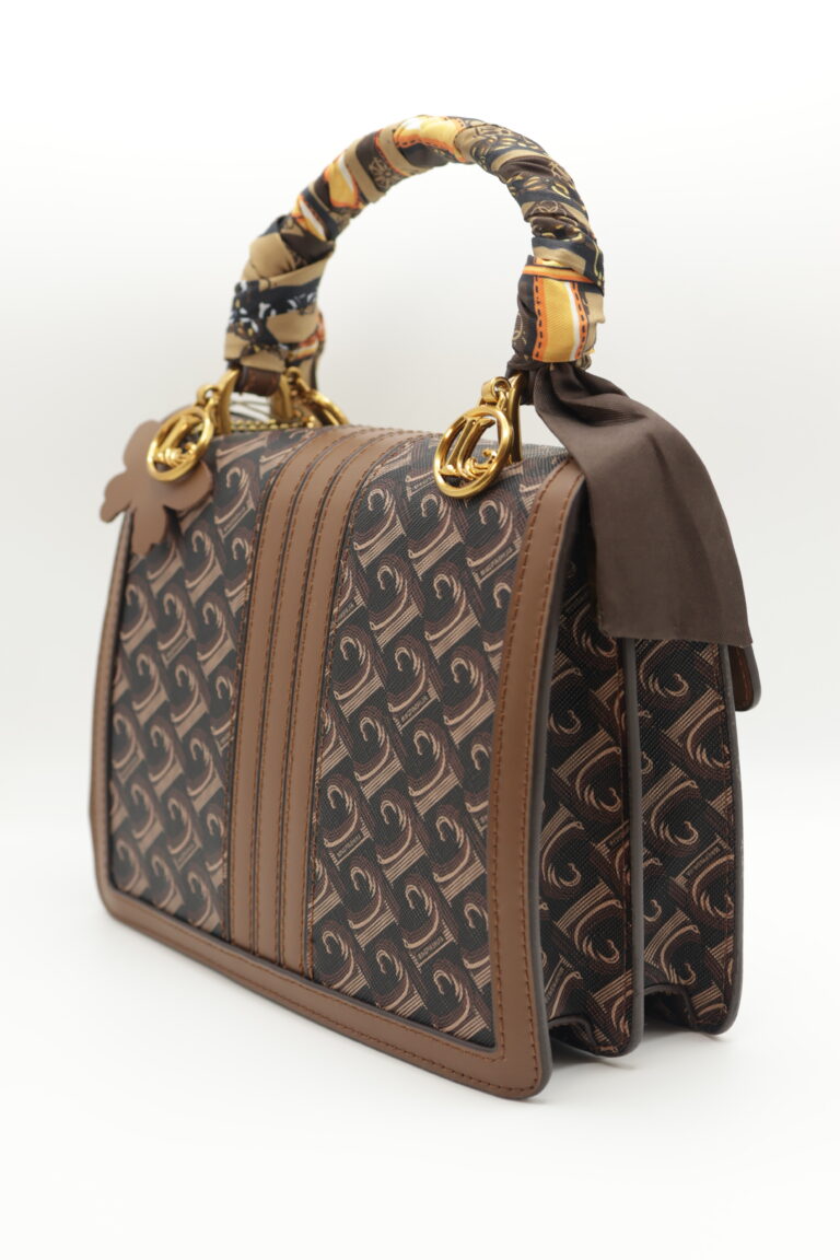 Image 5 of 5 — angled back view of the Chocolate Butterfly Luxe Bag showing the structured sides holding their box shape and the twilly scarf bow