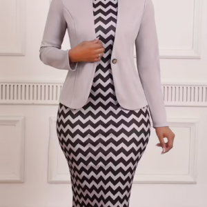 Spring and Autumn Women's Two-Piece Dress Set, Fashionable and Elegant Wave Print, Business Commute, Round Neck Gray and 's Two-Piece Dress