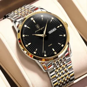Poedagar Luxury Men’s Watch – Gold/Black Two-Tone Stainless Steel with Day & Date